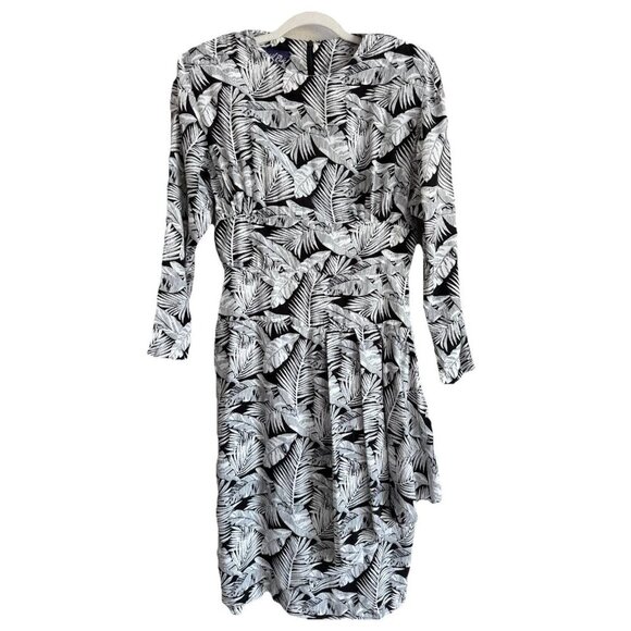 Vintage 1980s APRIL RAIN Dress White Black Palm Print Dolman Long‎ Sleeve 13-14 - Picture 1 of 13